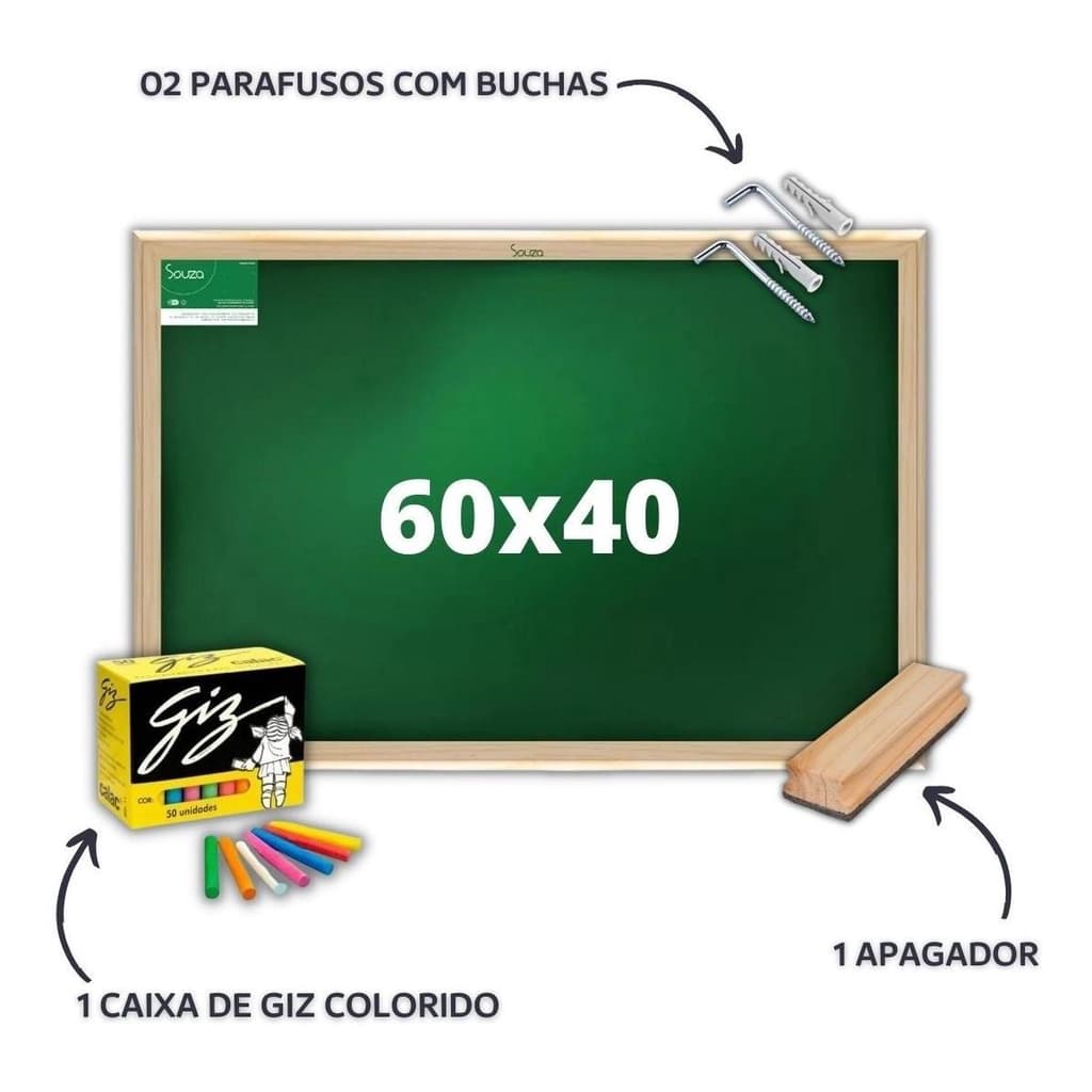 Lousa Quadro Verde Infantil Souza 60x40 + Giz + Apagador