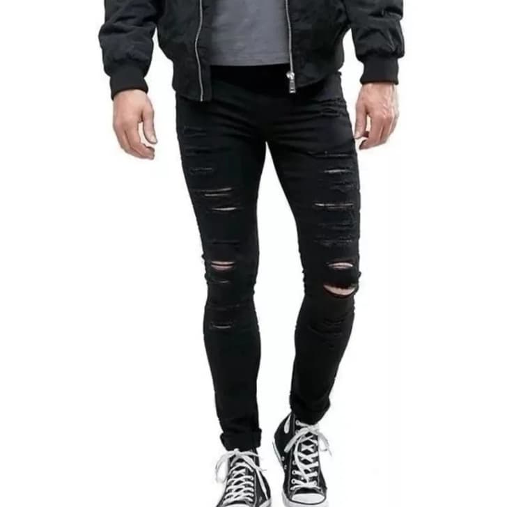 Calça Masculina Preta Rasgada Skinny Justa Destroyed