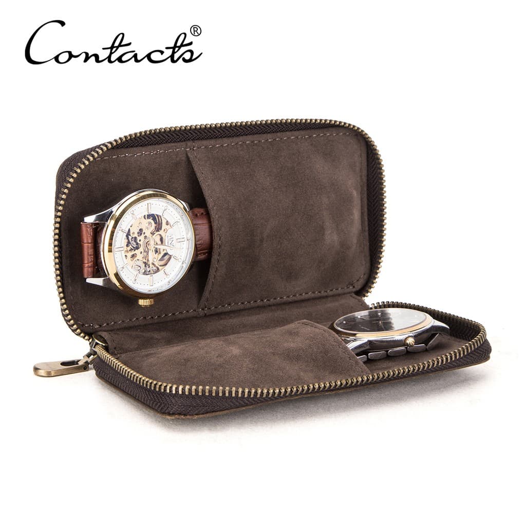CONTACT'S FAMILYA Porta Bolsas De Relógio Duplo Vintage Couro De Vaca Zipper Travel Watch Display Box Organizador De Armazenamento