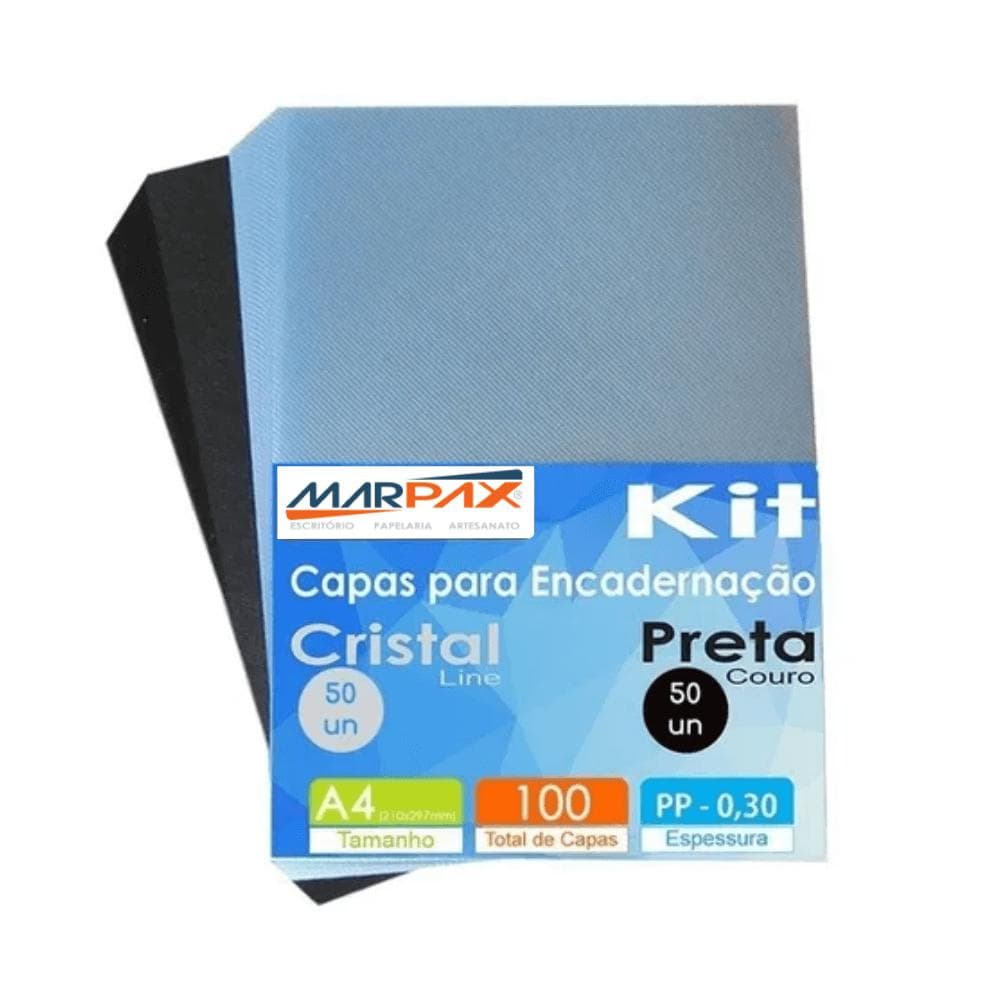 Kit Capa encadernação A4 - Preta Couro + Cristal Line 100un