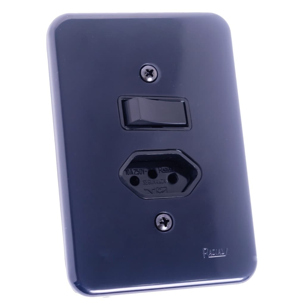 Interruptor Simples + Tomada 2P+T 10a L Pollar Black Radial