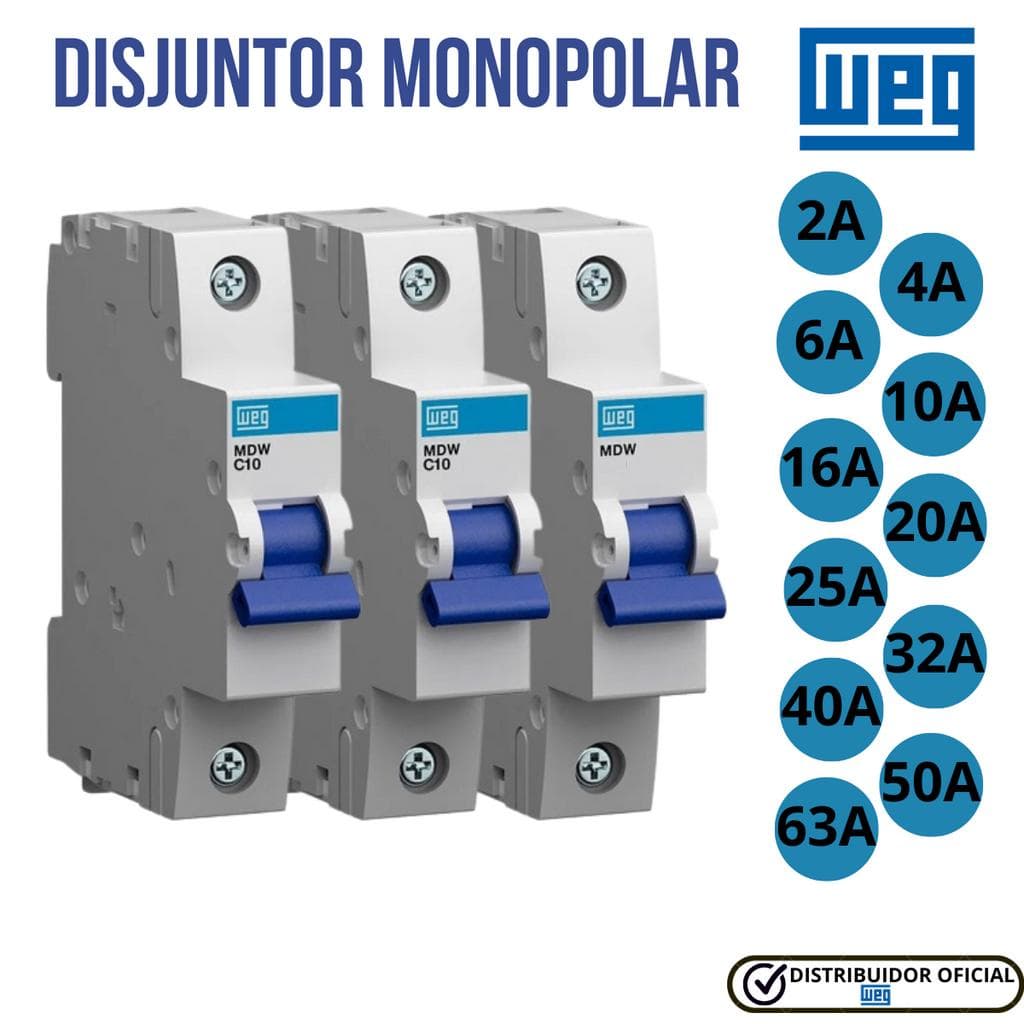 Disjuntor din Weg Monopolar Mdwp Curva C 2A, 4A, 6A, 10A, 16A, 20A, 25A, 32A, 40A, 50A e 63A