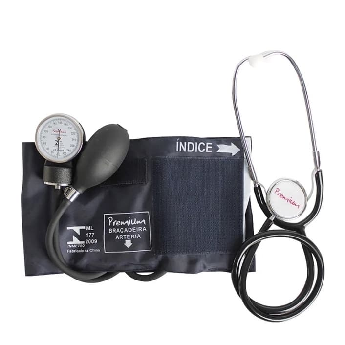Aparelho de Pressão Premium Esfigmomanômetro Aneróide Adulto Velcro Azul Com Estetoscópio