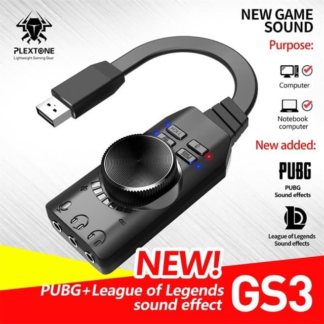Placa de Som USB Plextone GS3 Virtual com 7 1ch / Adaptador de Áudio Externo para PC/Caixa de Som/Headset/PS4