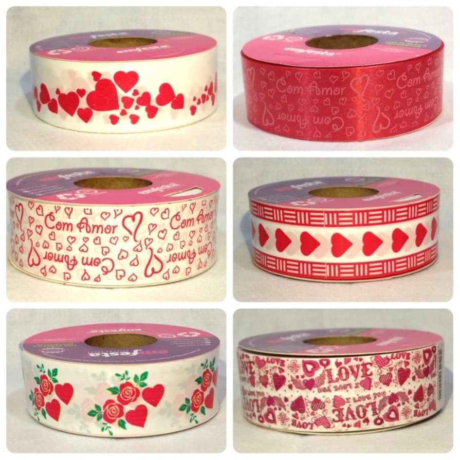 Rolo de Fita Plástica 30mmx30m/100m Decorada Laço Decoração Coração Amor Love