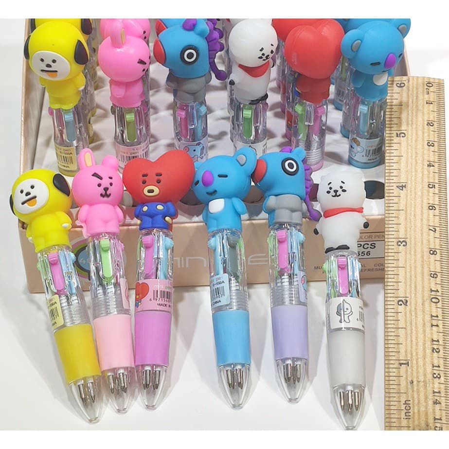 Kpop Bts Bt21 Kawaii Silicone Cabeça 4 Cores Caneta Esferográfica Chunky Escritório Escola Papelaria Crianças Presente Chimmy Cooky Koya Mang Rj Shooky Tata