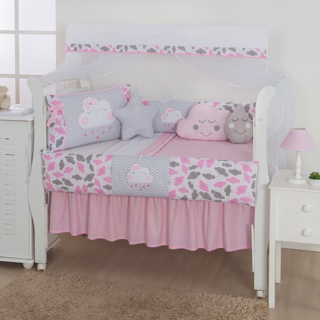 Kit Protetor Berço 12pç Doce Céu Nuvem  Menina C/ Saia