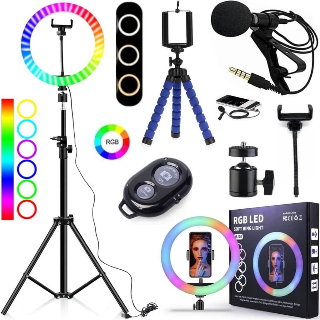 Kit Ring Light Colorido Com Tripé 2 Metros Suporte Celular Microfone Lapela Controle Foto Vídeo