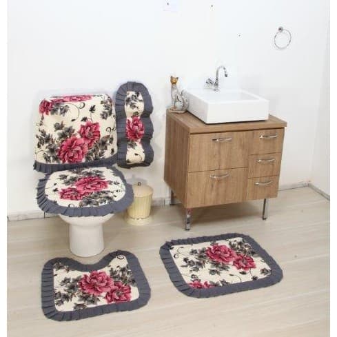 Kit ou Jogo para Banheiro - 03 Peças - Estampados - 02 Tapetes e 01 Protetor Sanitário