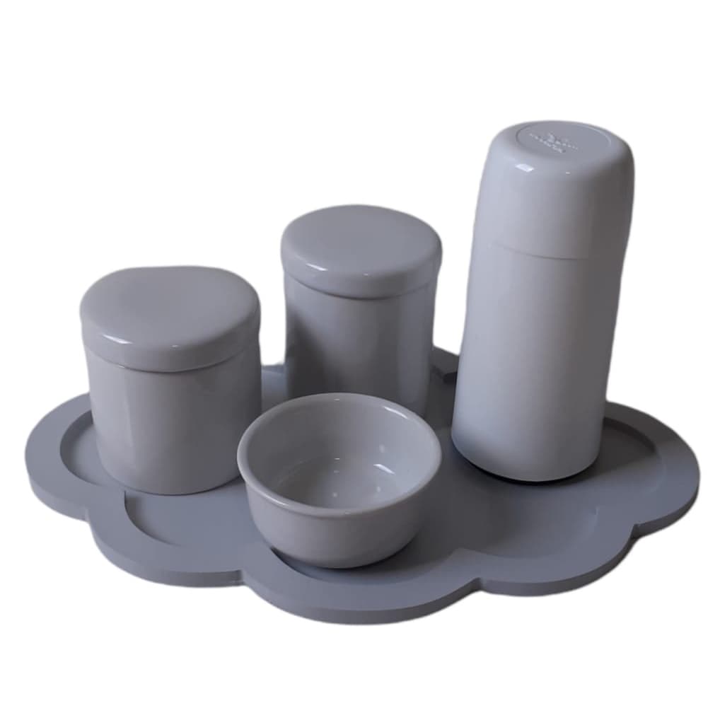 Kit Higiene Bebê Porcelana branca com tampa Garrafa termica Bandeja nuvem cinza