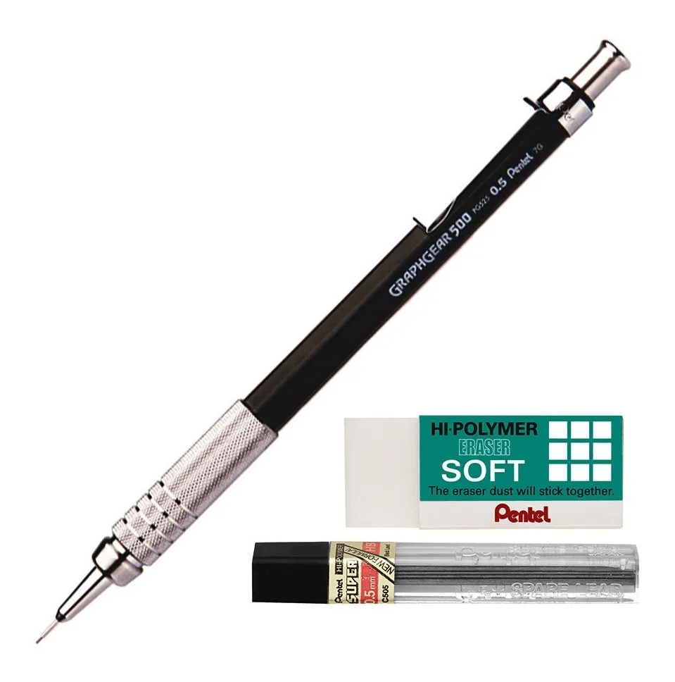 Kit Lapiseira Pentel Graphgear 500 0,5mm Grafite Borracha