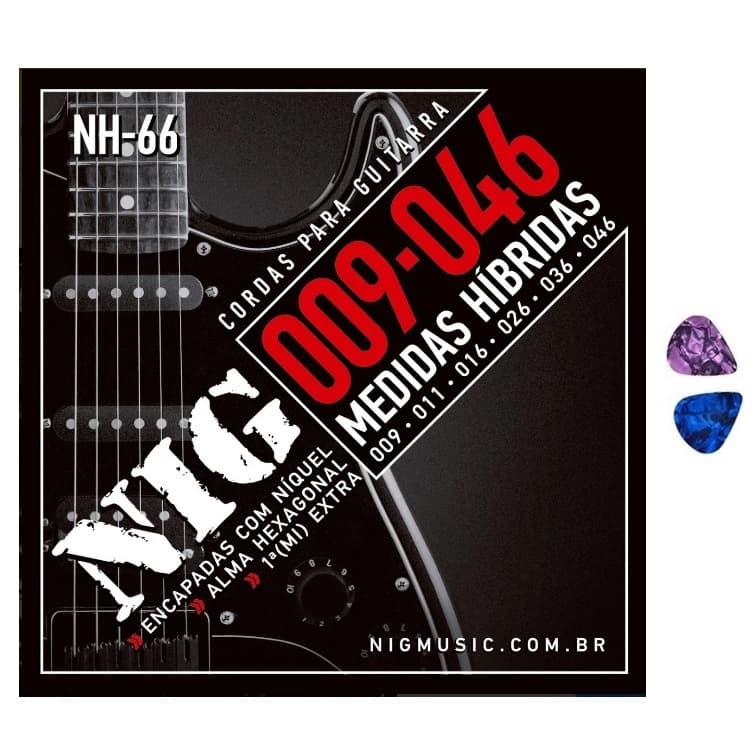 Encordoamento Para Guitarra NIG .009 Híbridas NH66 Cordas com 2 Palhetas