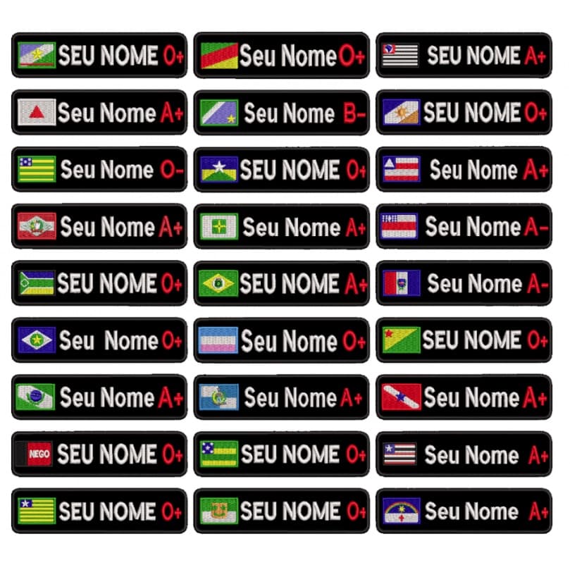 Patch Bordado Termocolante ou Fecho de Contato - Tarja Seu Estado + Seu Nome + Seu Tipo sanguíneo