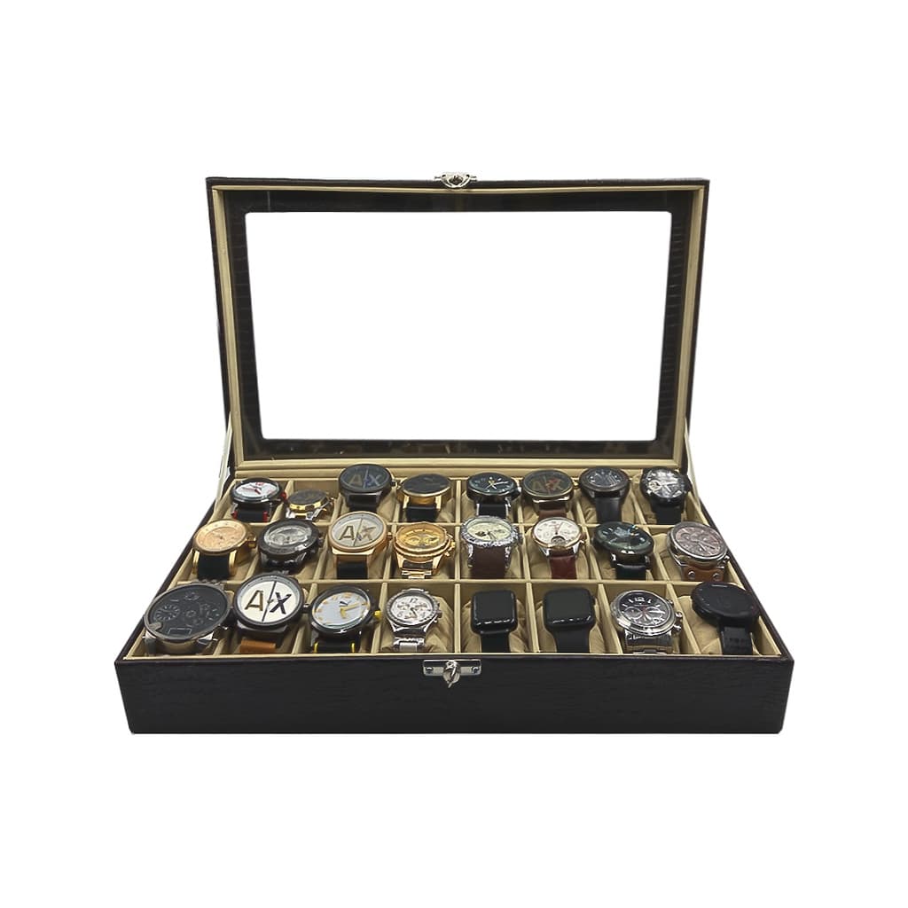 Estojo Para Organizar 24 Relógios Com Marrom Interno Aveludado Bege