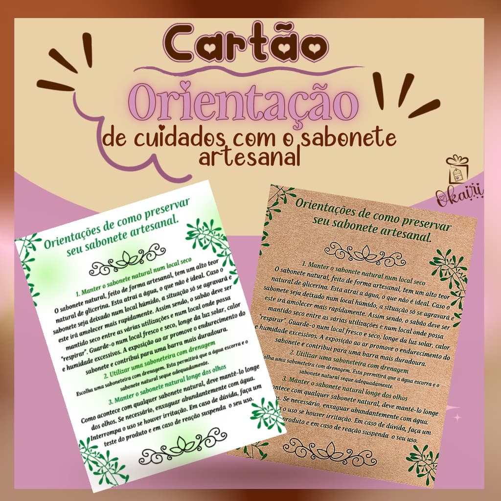 Cartão   de orientação cuidados com o sabonete artesanal 30und