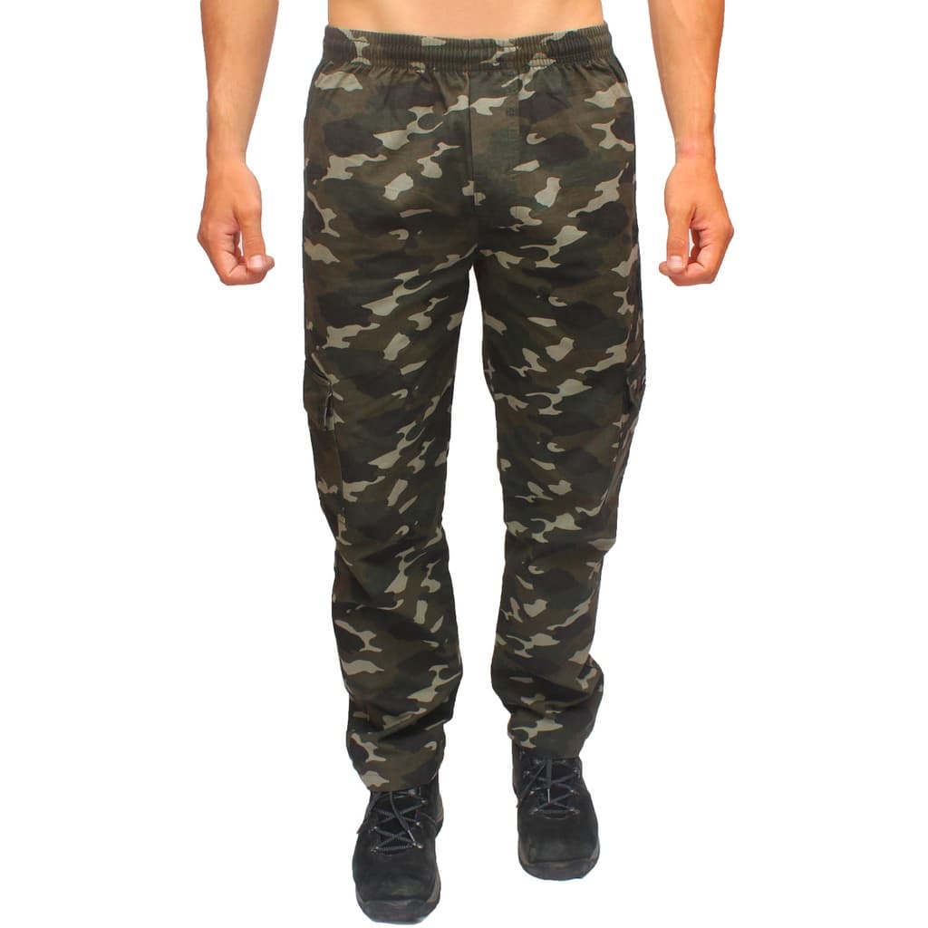 Calça Masculina Sarja Camuflada Extra Plus Size Tamanho Especial Cargo Cordão Brim Elástico