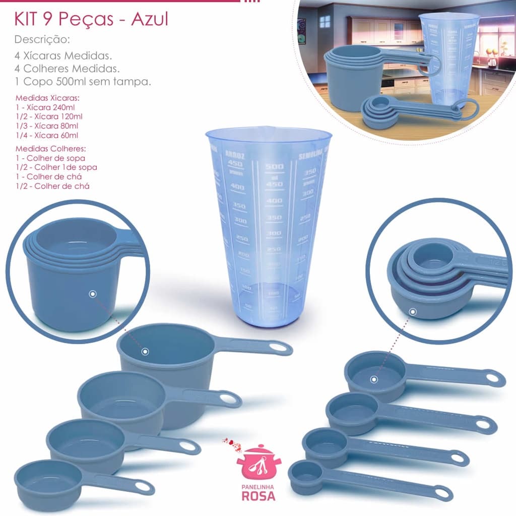 kit medidores 9 peças copo de 500 ml xicara e colheres azul casa cozinha decoração e confeitaria lar