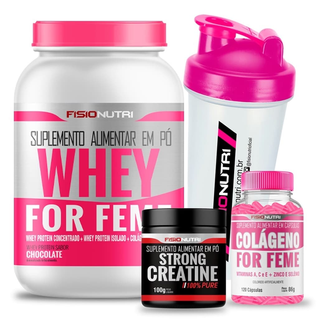Combo Whey Feminino + Colágeno Em Capsula + Creatina + Coqueteleira