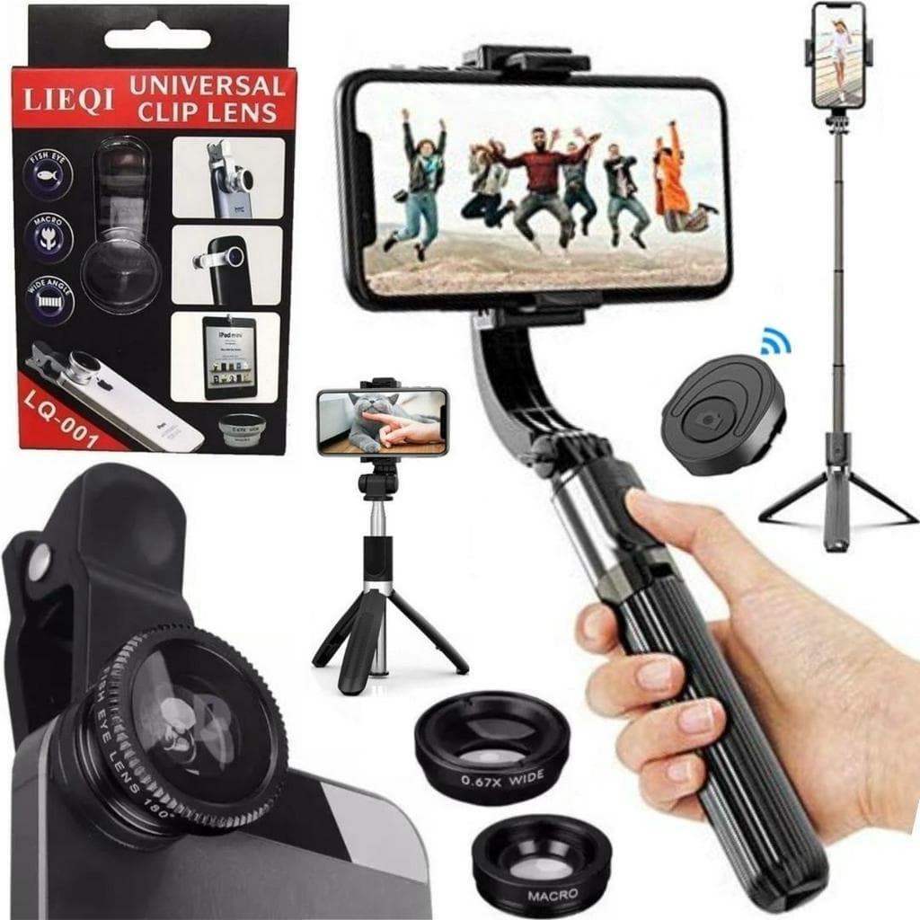 Kit 5x1 tripé suporte estabilizador para celular controle lentes olho peixe macro wide filmagem