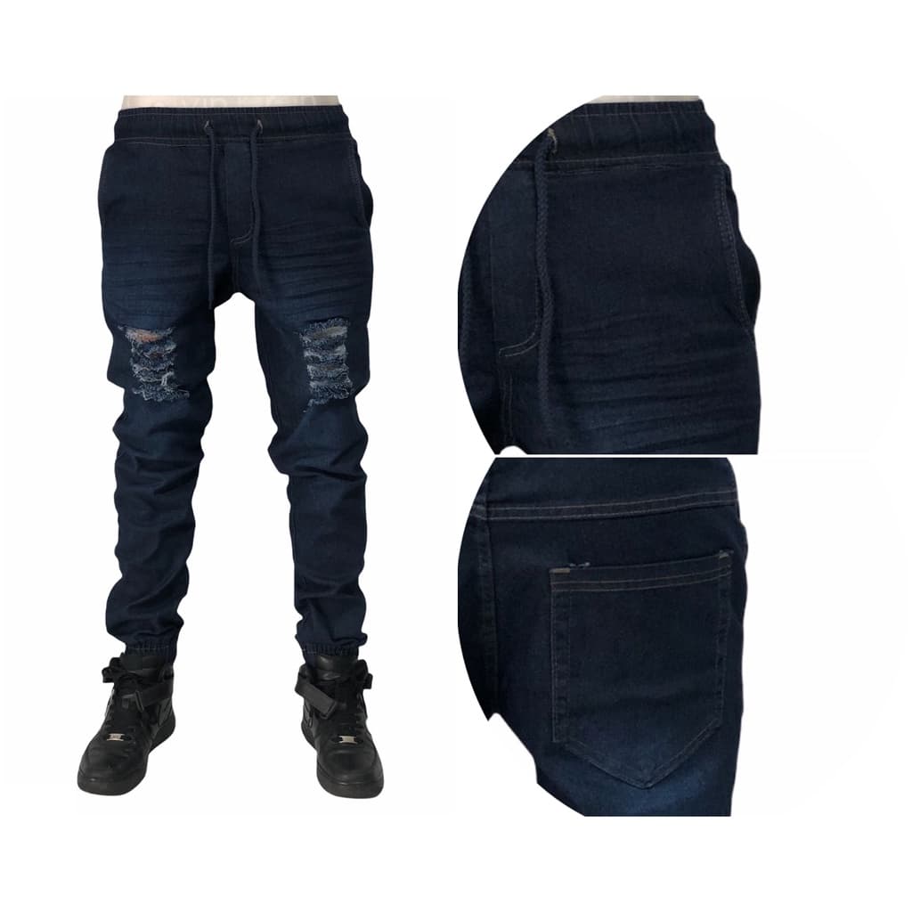 Calça Jogger Masculina - Cores Básicas e Camufladas - Lisas e Rasgadas - Rasgada Jeans Escuro