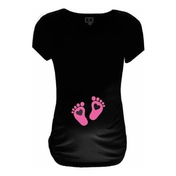 Baby Long Blusa Gestante Grávida Divertida Pezinho Rosa 100% Algodão Preto
