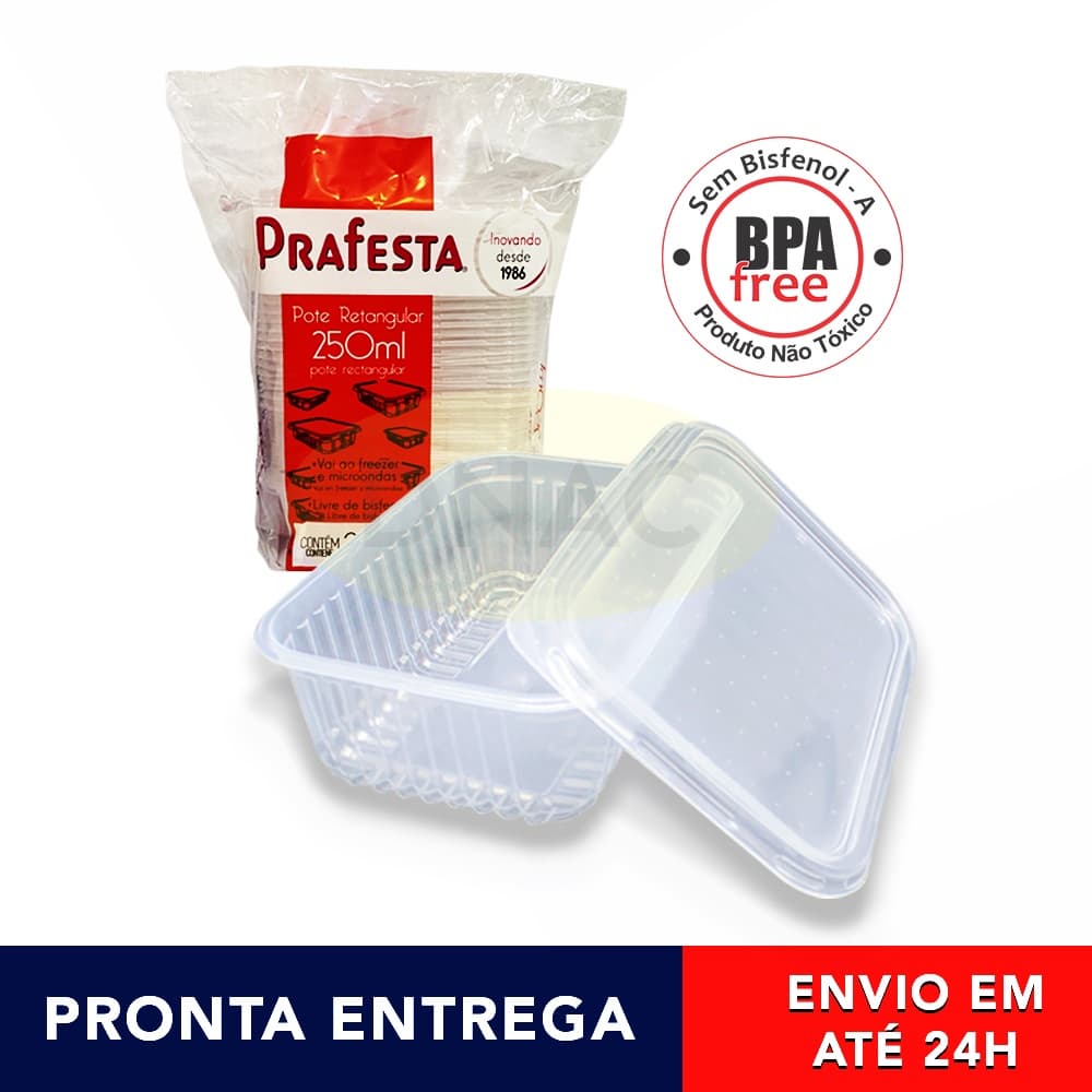 Kit 24 unid. Pote Plástico Retangular Descartável 250 / 350 / 500 / 750 / 1000ml Microondas  Freezer