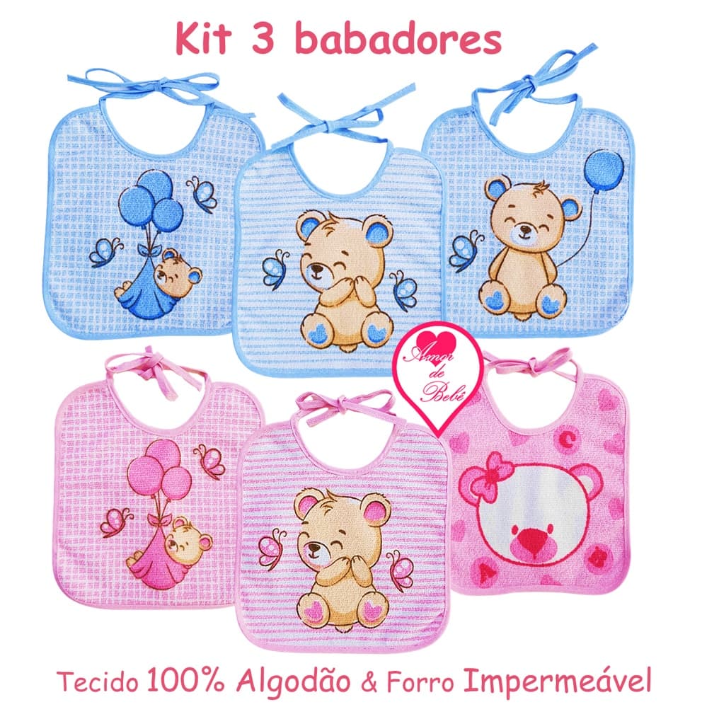 Kit 3 Babador Felpudo Menino e Menina com Tecido 100% Algodão e Forro Impermeável