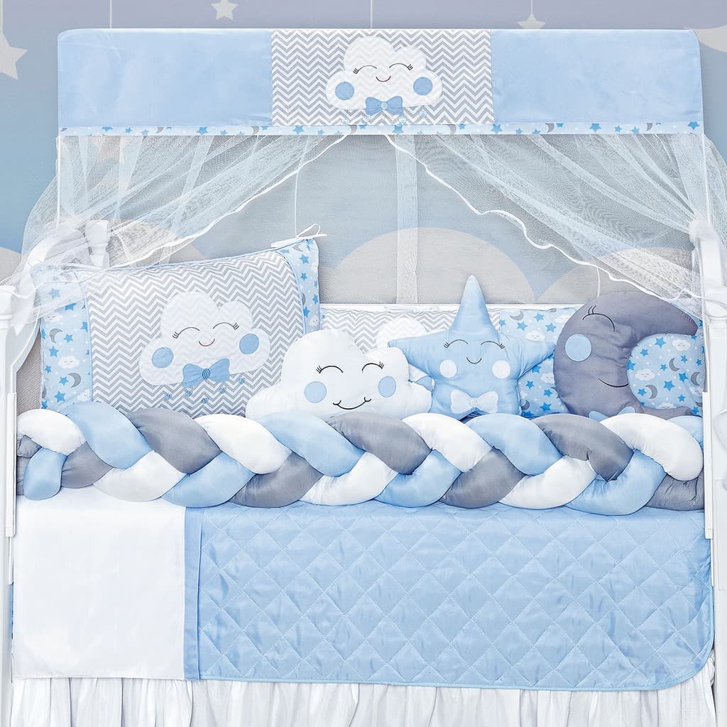 Kit Berço Nuvem Lua Trança Azul Menino Com Enchimento Completo 10 Peças