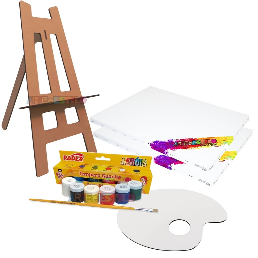 Kit Pintura 2 Telas 15x20 + 1 Cavalete + 1 Pincel + 06 Potes de Tinta Guache + 1 Paleta p/ Tintas
