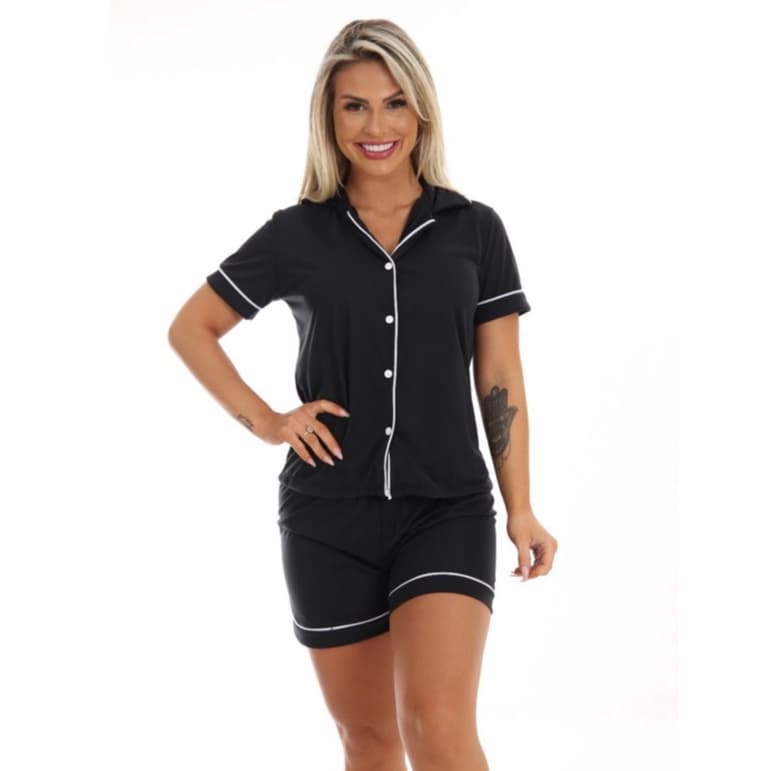 Baby Doll FB Blogueirinha Feminino Aberto Amamentação de Botão Pijama Americano Blogueira