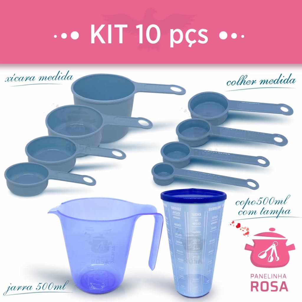 kit medidores 10 peças jarra de 500 ml copo de 500 ml com tampa xicara e colher na cor azul decoração
