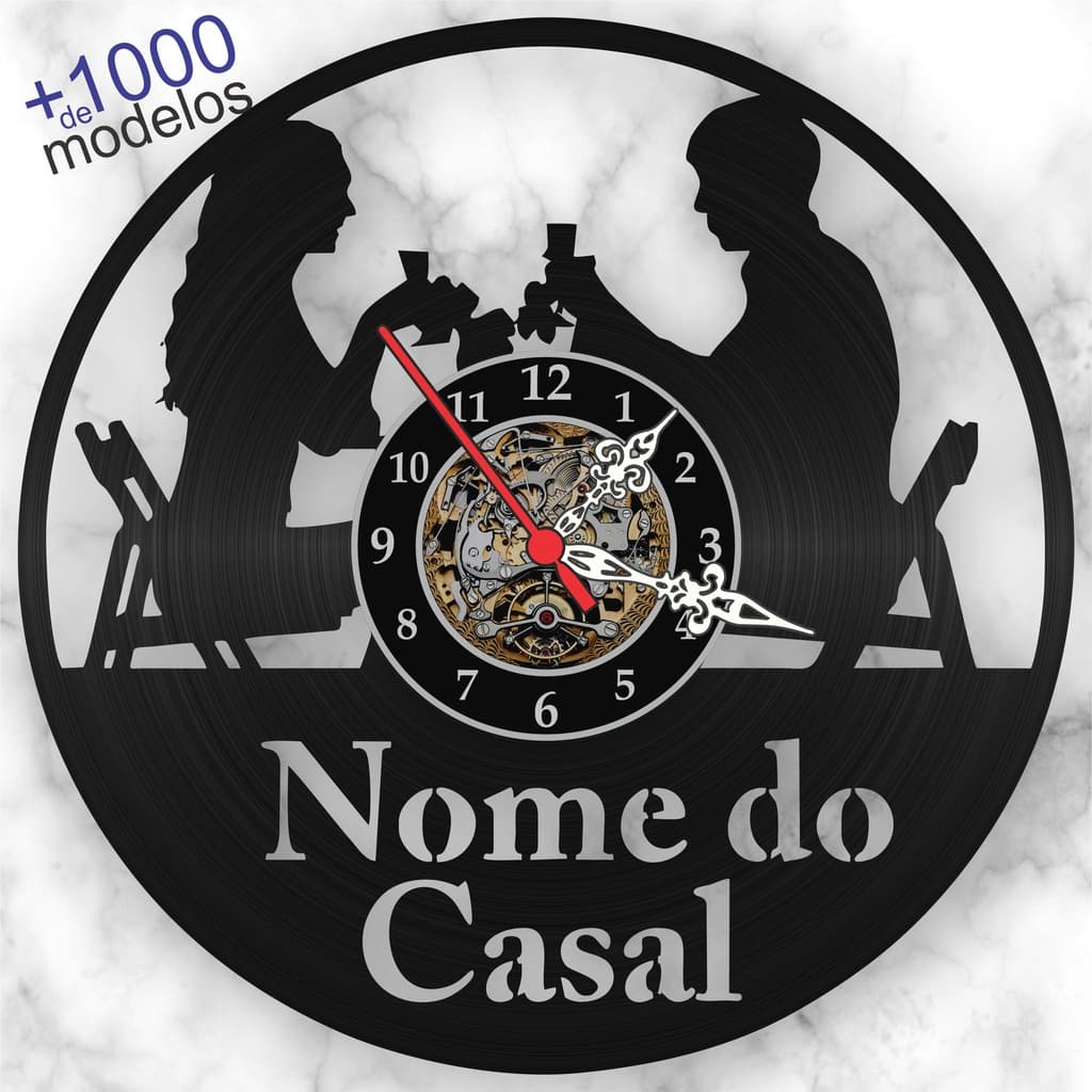 Relógio de Parede Personalizado Casal Jantando Nomes Dia Namorados Disco Vinil Lp iLustrado Presente