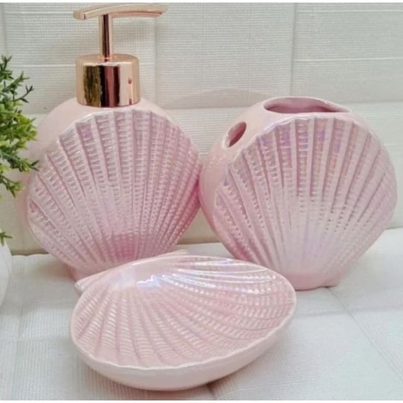 Kit Jogo de Banheiro Lavabo Cerâmica Porta Escova porta Sabonete Liquido Saboneteira 3 Peças