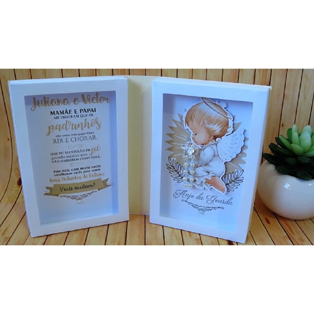 Convite padrinhos de batismo neutro anjinho acompanha mini terço convite batizado