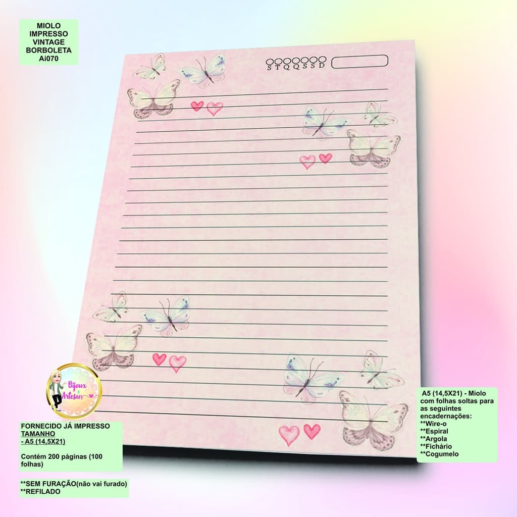 100 FOLHAS - MIOLO IMPRESSO P/ CADERNO/DIARIO/BLOCO (REFIL) TAMANHO A5 (14,5X21)