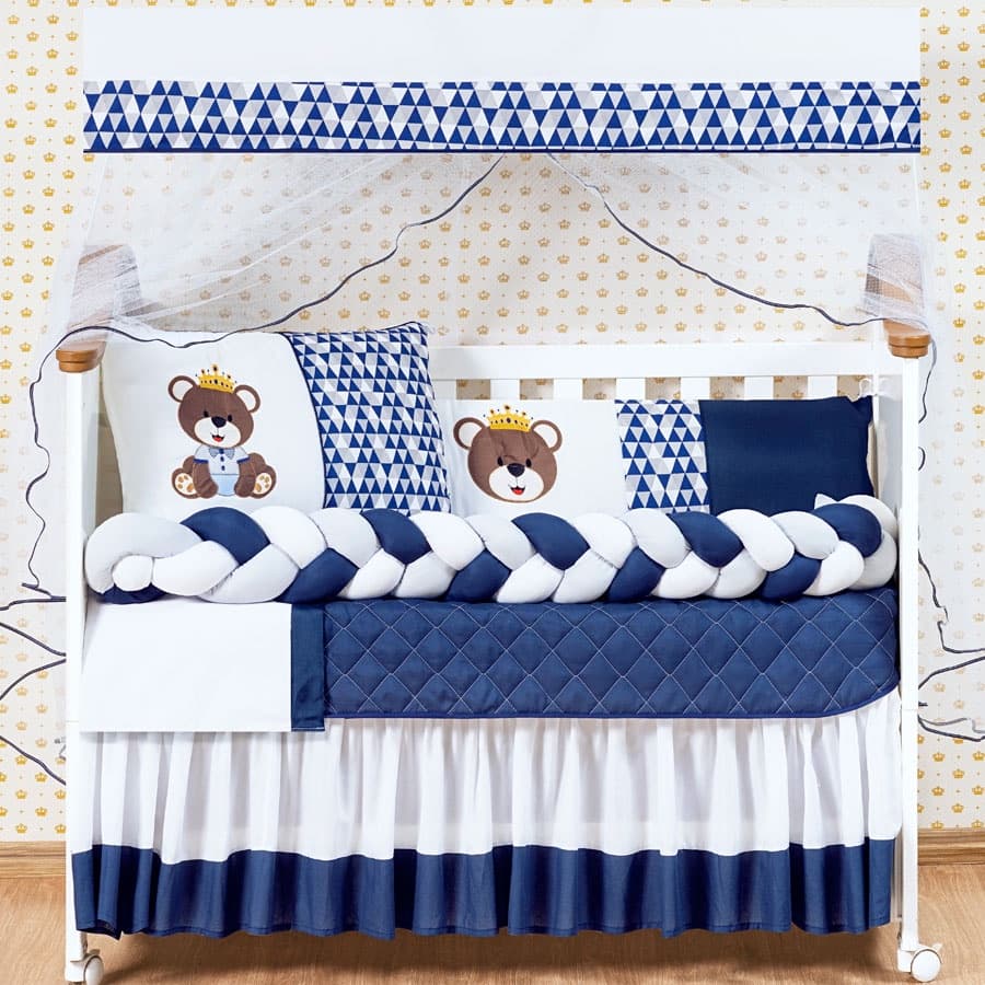 Kit Protetor Berço Trança 11 Peças com saia Urso Rei