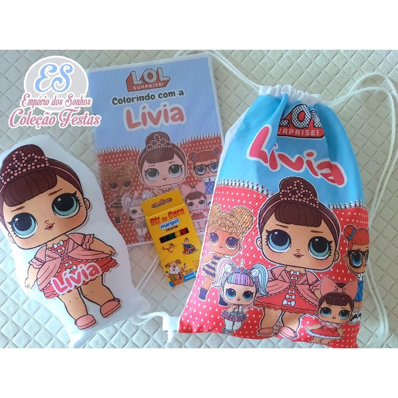 5 kits personalizados Lol surprise (livrinho + giz + almofada Personagem + mochilinha ) personalizamos em qualquer tema