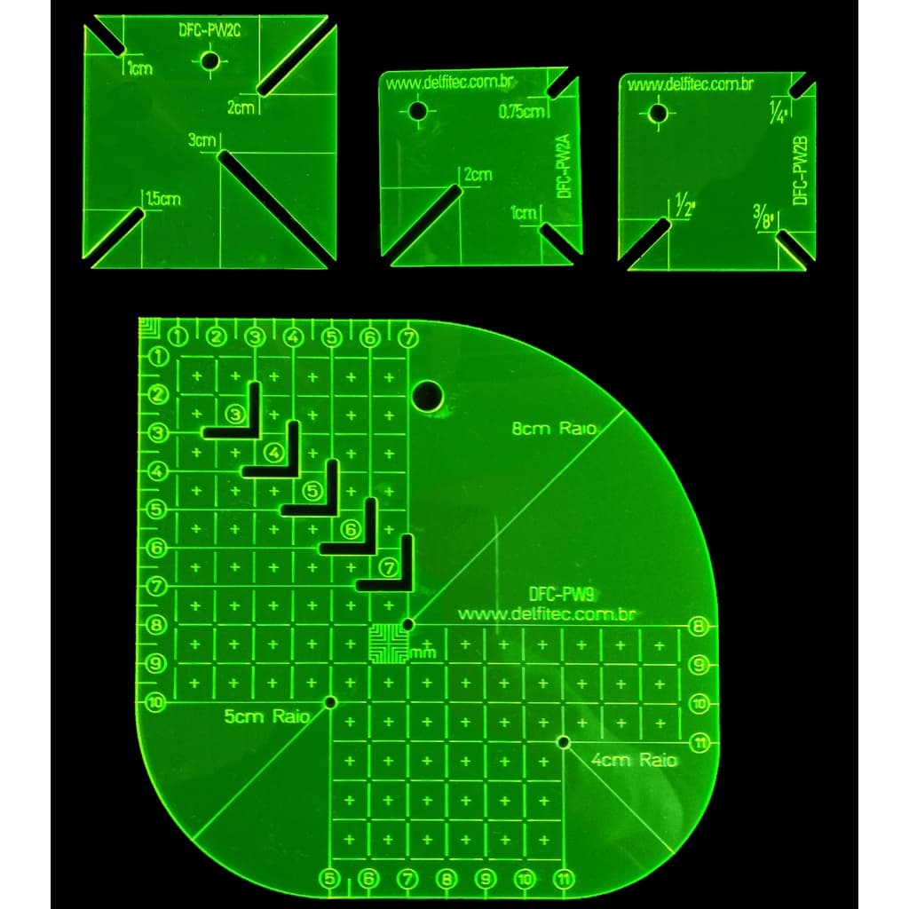 04 Reguas Gabarito Canto Mitrado Caixa de Leite Curvas Quadrados Patchwork Verde Fluorescente