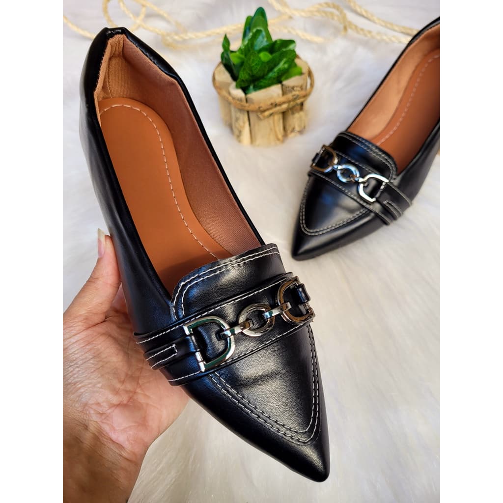 Sapatilha Feminina Mocassim Feminino Bico Fino Preto Detalhe Metalizado Confortável Casual Sapato Feminino Promoção