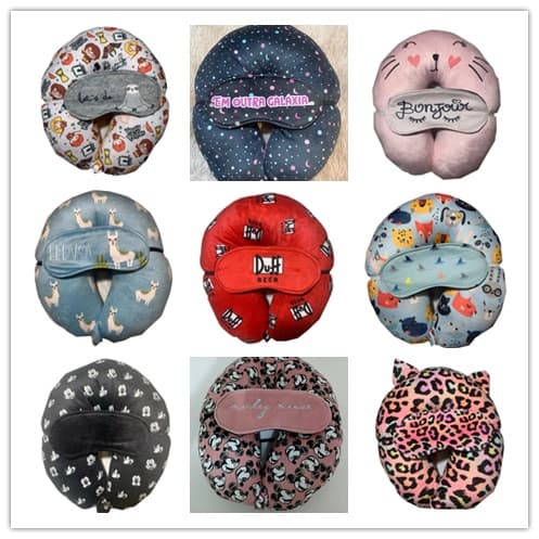 kit Almofada Pescoço/Almofada Pescoço Viagem Botão Fibra Com Tapa Olho