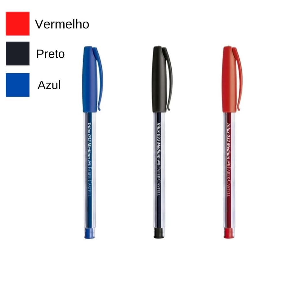Kit Caneta Esferográfica Média Trilux 032 Ponta 1.0 mm 3 Cores (Azul Vermelho Preto) - Faber-Castell