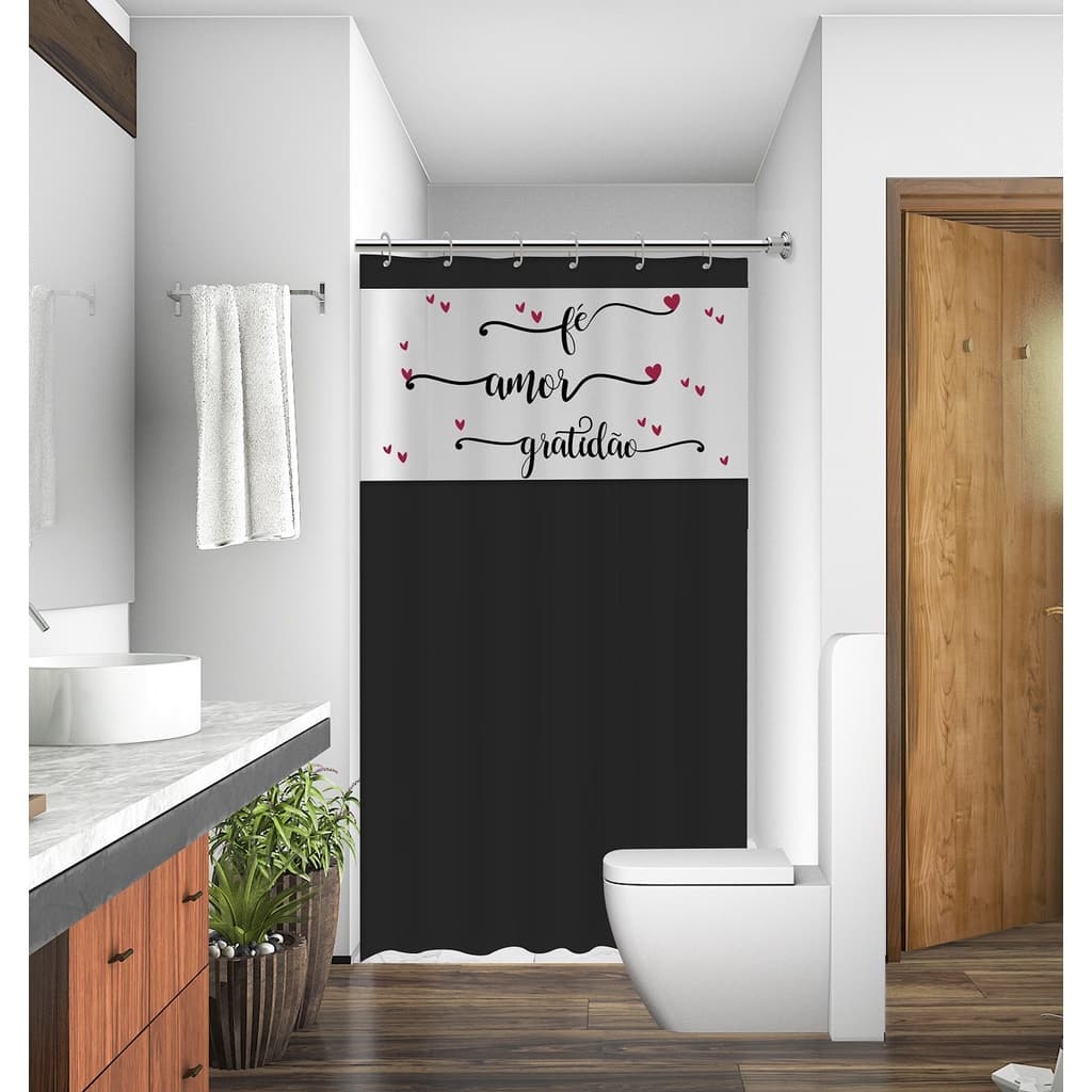Cortina de Box 100%Pvc Com Visor Estampado Fé Amor Gratidão Antimofo