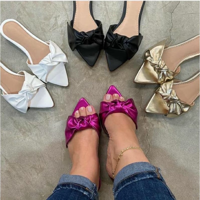 Sandália Rasteirinha Brilho Laço premium Metalizado Linda Holográfica Confortável Baixa Bico Fino