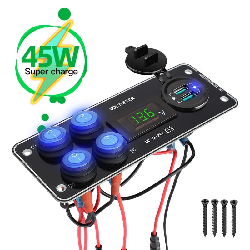 45W 4 Gang Rocker Switch Painel Voltímetro 12-24V QC3.0 & PD USB C Carregador Rápido Para Carros De Acampamento Caminhõe