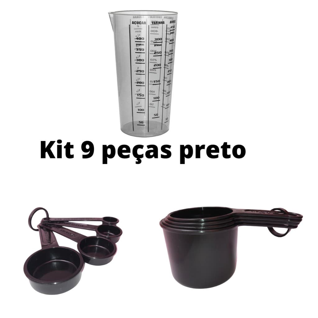 kit conjunto 9 peças xicaras colheres e copo medidor preto cozinha confeitaria casa lar atacado varejo
