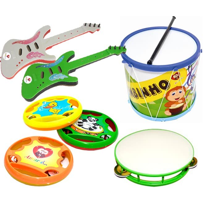 Kit Com 4 Instrumentos De Brinquedo - 1 Guitarrinha, 1 Bumbinho, 1 Pandeiro, 1 Pandeirola