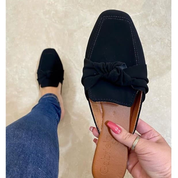 Muller Feminino Mule Sandália Rasteira Detalhe Nó Bico Quadrado