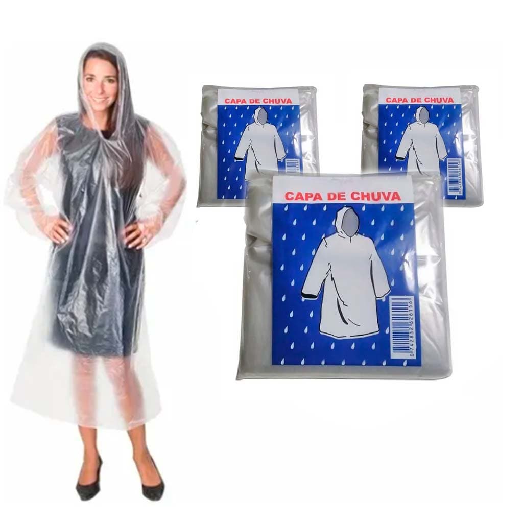 Kit 3 Capas De Chuva Descartáveis Impermeável Transparentes