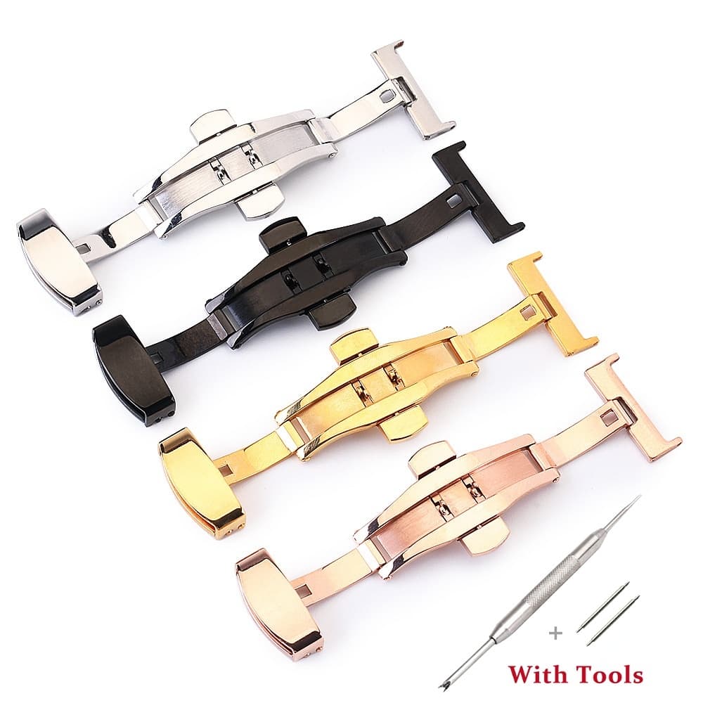 Solid Stainless Steel Deployment Double Press Butterfly Clasp Buckle Fasten Gold Black Silver Rose Watchband Clasp