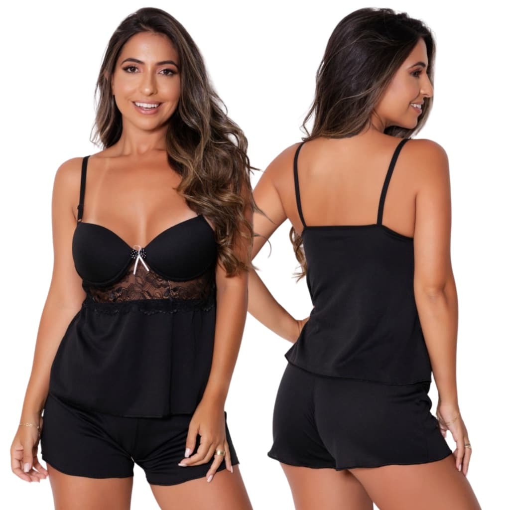 Baby Doll Lisbela com Bojo Feminino Liso Liganete Bojo Renda Roupa de Dormir